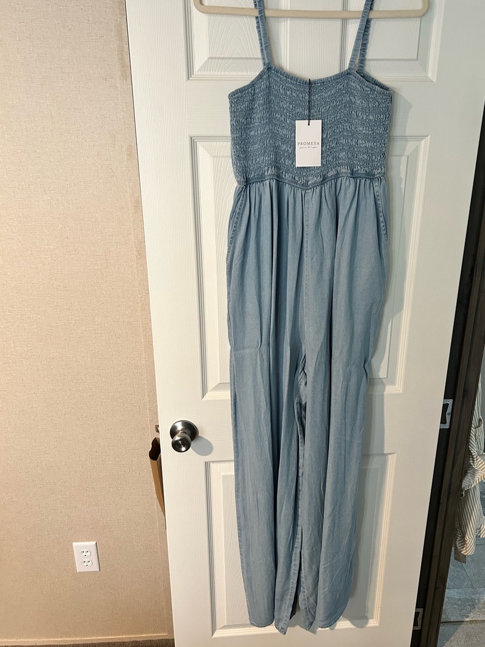 Womens new with tags Promesa Smocked chambray jumpsuit size medium.